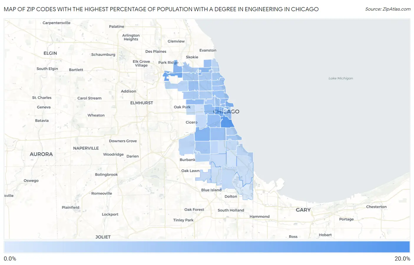 Zip Codes with the Highest Percentage of Population with a Degree in Engineering in Chicago Map