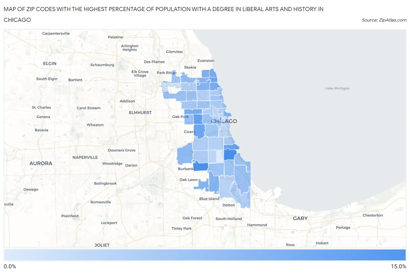 Zip Codes with the Highest Percentage of Population with a Degree in Liberal Arts and History in Chicago Map