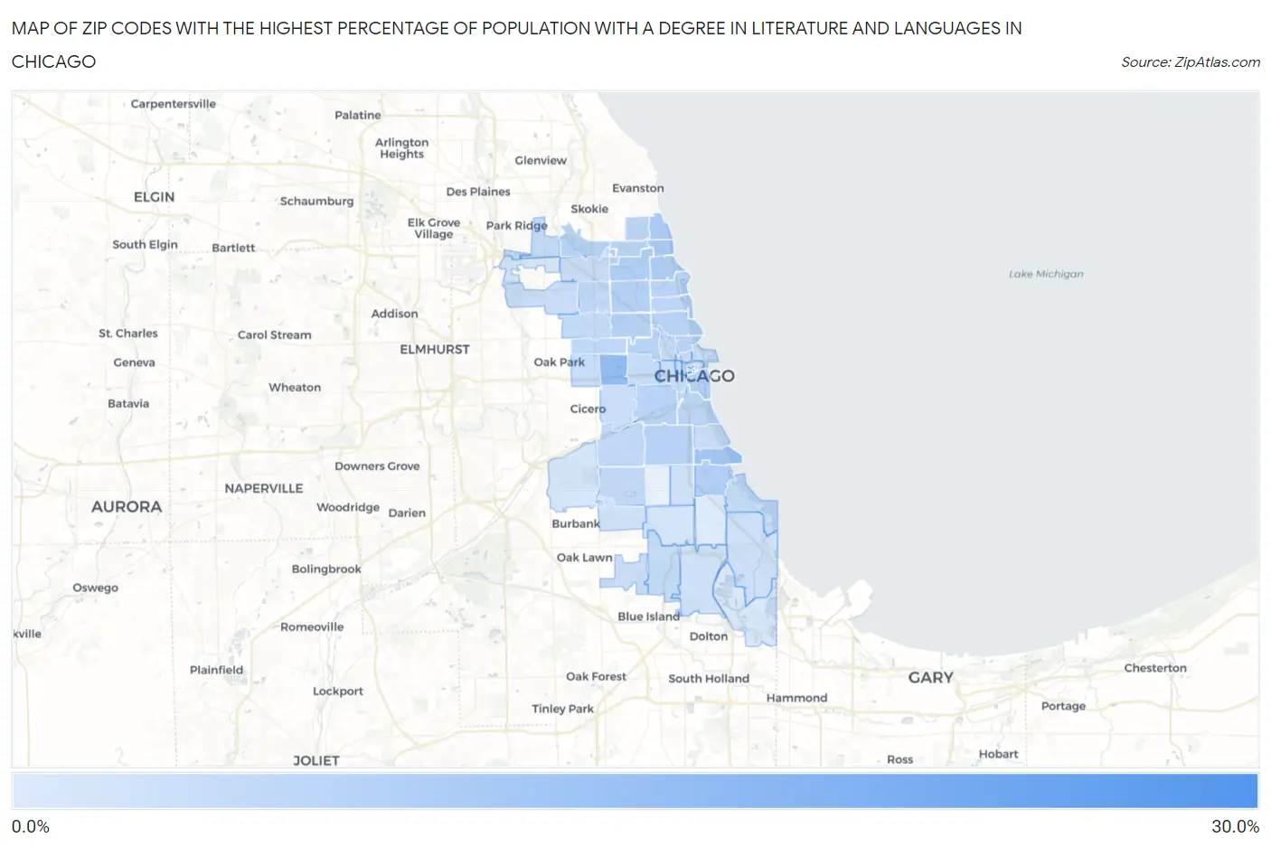 Zip Codes with the Highest Percentage of Population with a Degree in Literature and Languages in Chicago Map