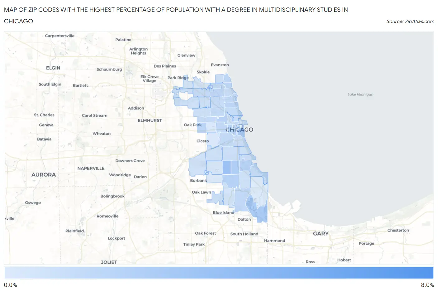 Zip Codes with the Highest Percentage of Population with a Degree in Multidisciplinary Studies in Chicago Map