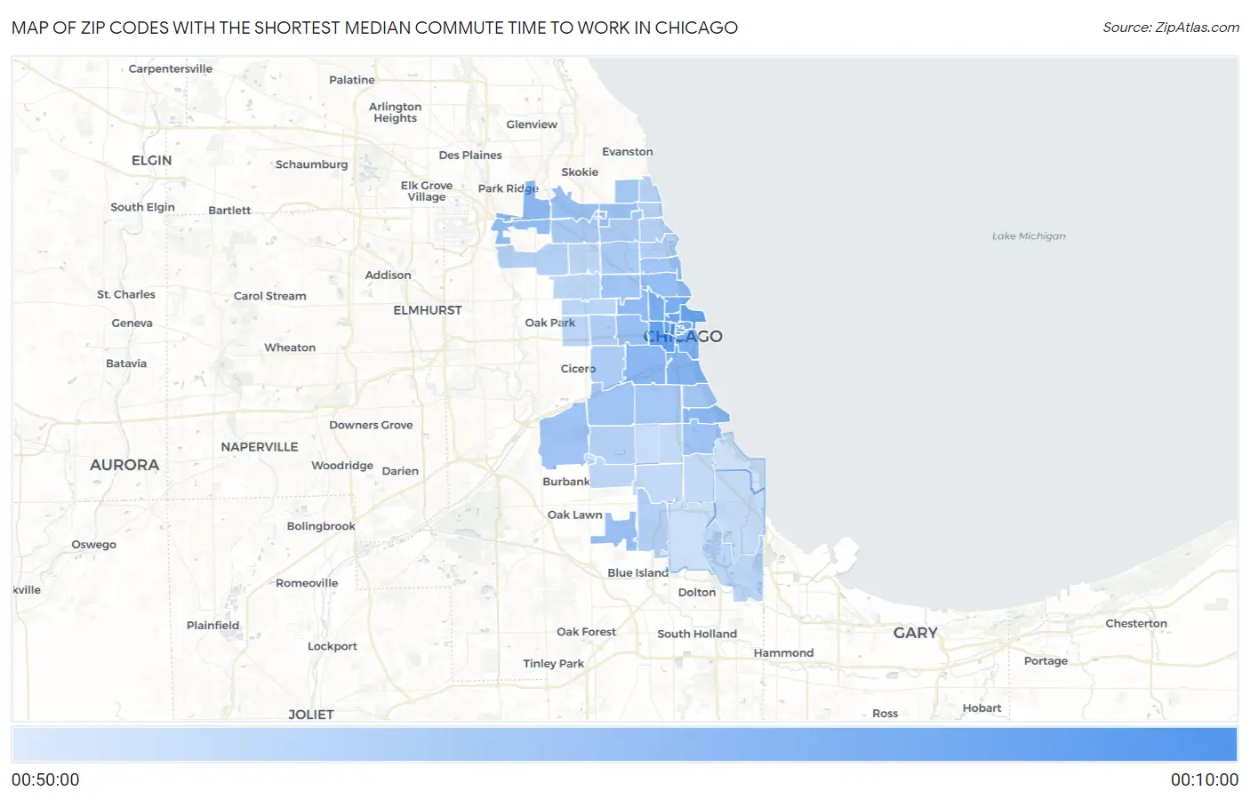 Zip Codes with the Shortest Median Commute Time to Work in Chicago Map