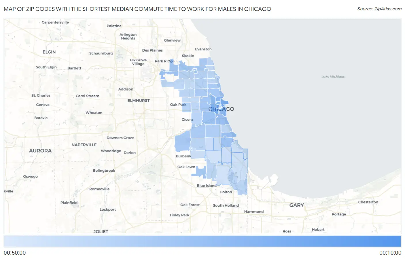 Zip Codes with the Shortest Median Commute Time to Work for Males in Chicago Map