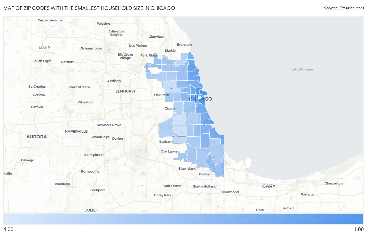 Zip Codes with the Smallest Household Size in Chicago Map