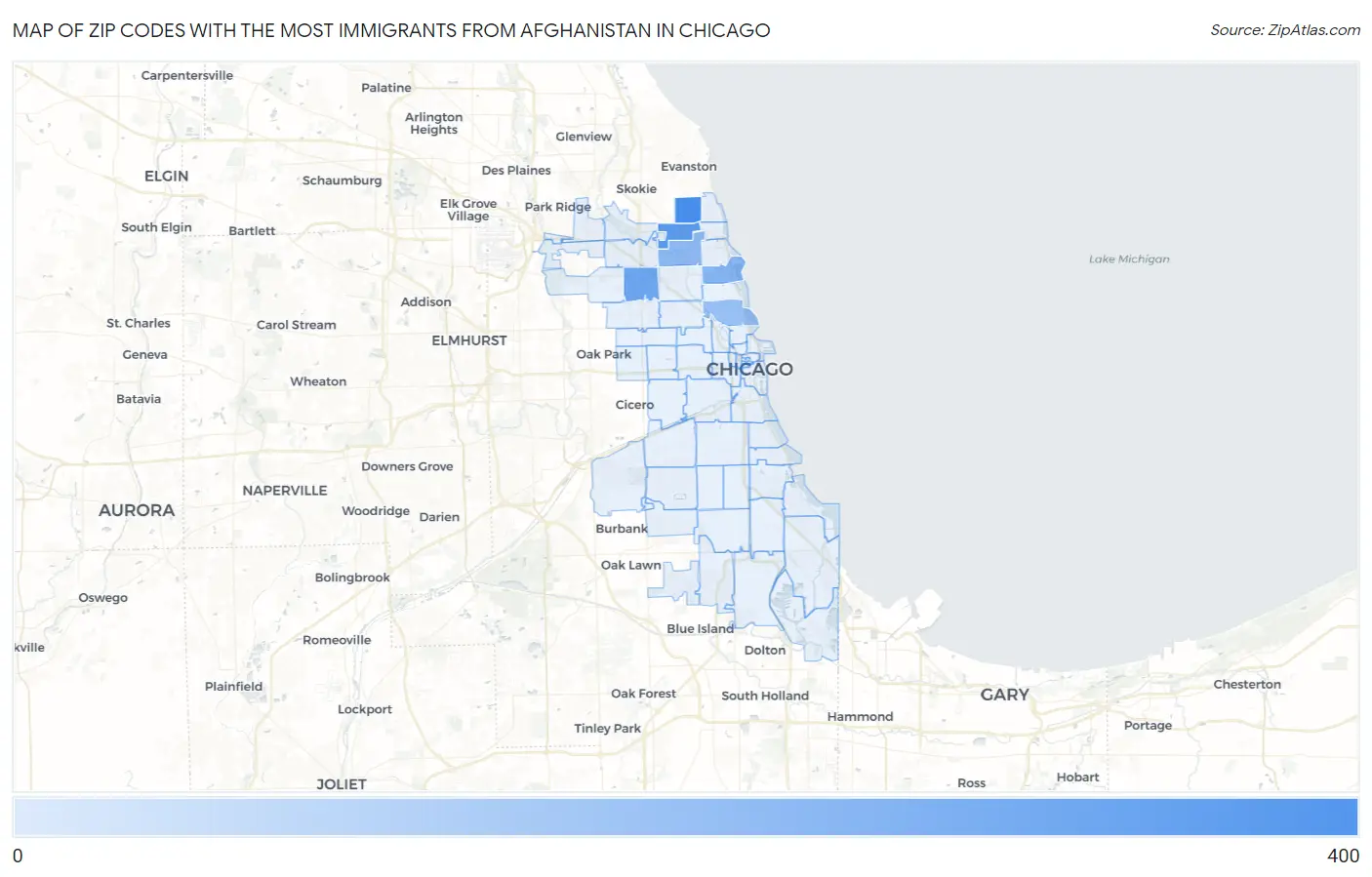 Zip Codes with the Most Immigrants from Afghanistan in Chicago Map