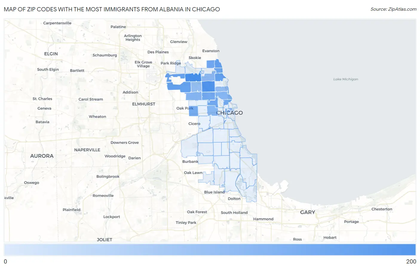 Zip Codes with the Most Immigrants from Albania in Chicago Map