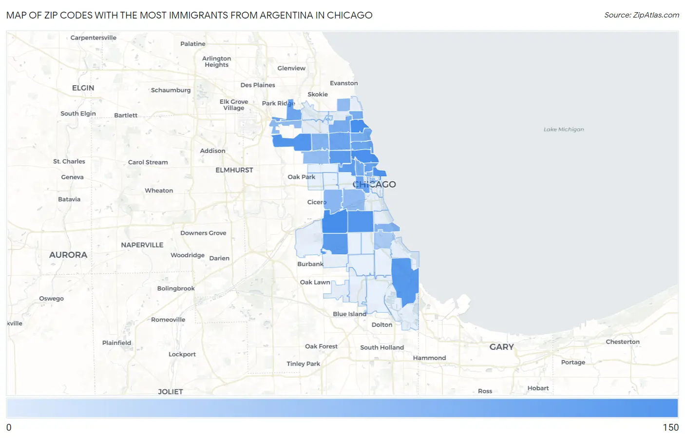 Zip Codes with the Most Immigrants from Argentina in Chicago Map