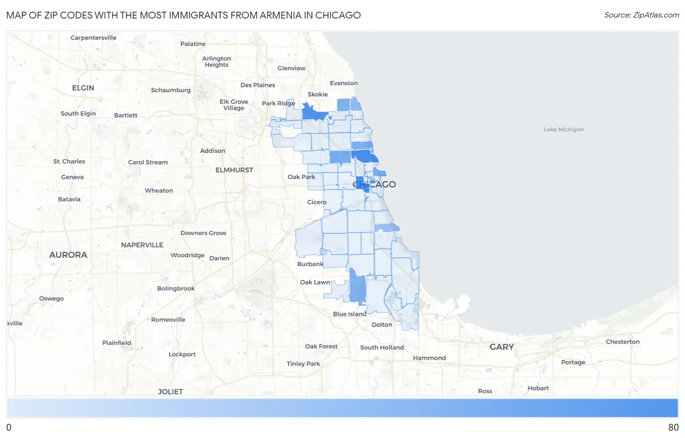 Zip Codes with the Most Immigrants from Armenia in Chicago Map