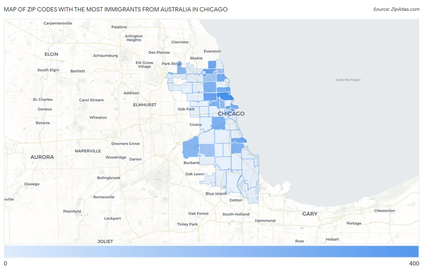 Zip Codes with the Most Immigrants from Australia in Chicago Map
