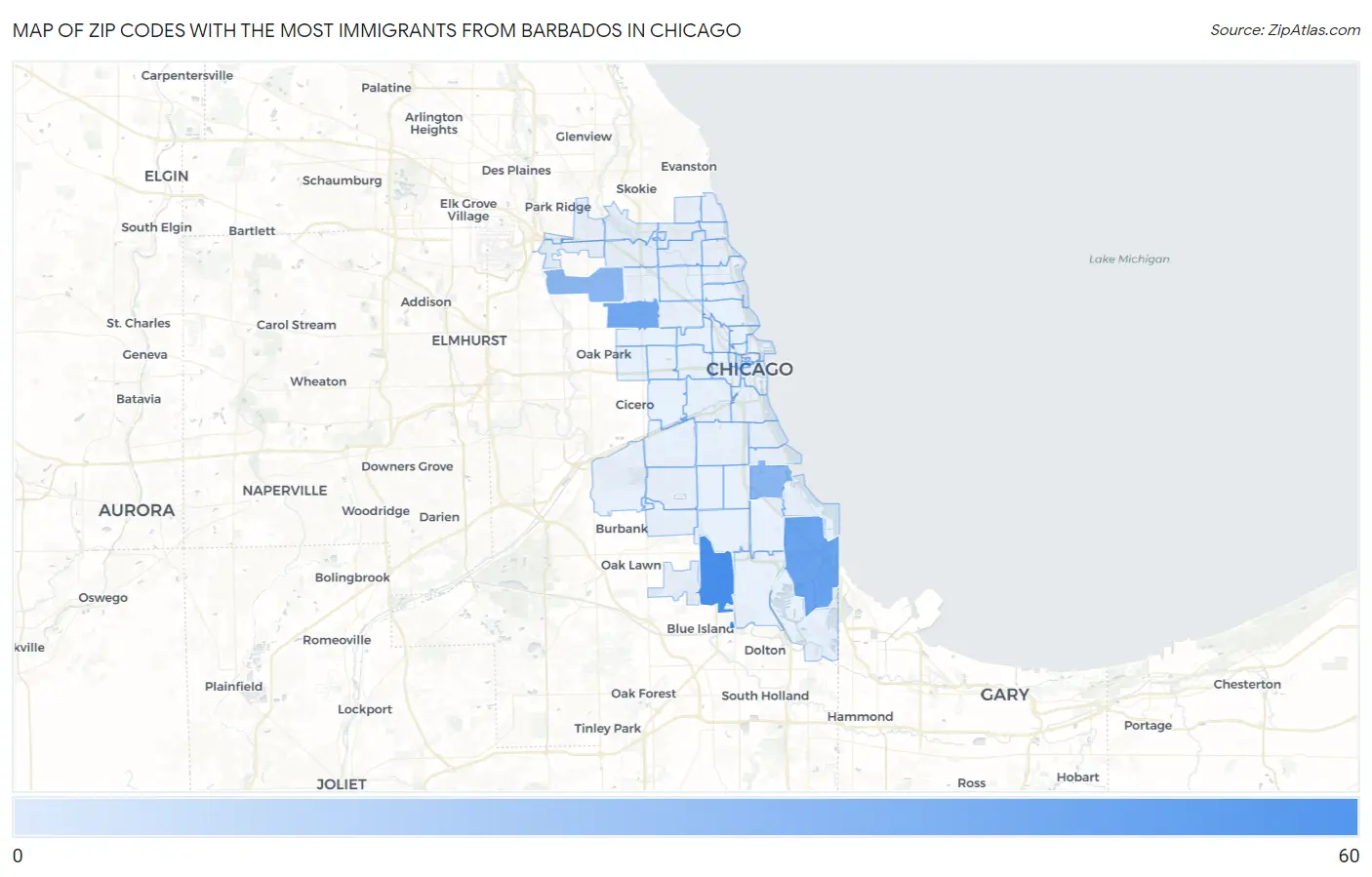Zip Codes with the Most Immigrants from Barbados in Chicago Map