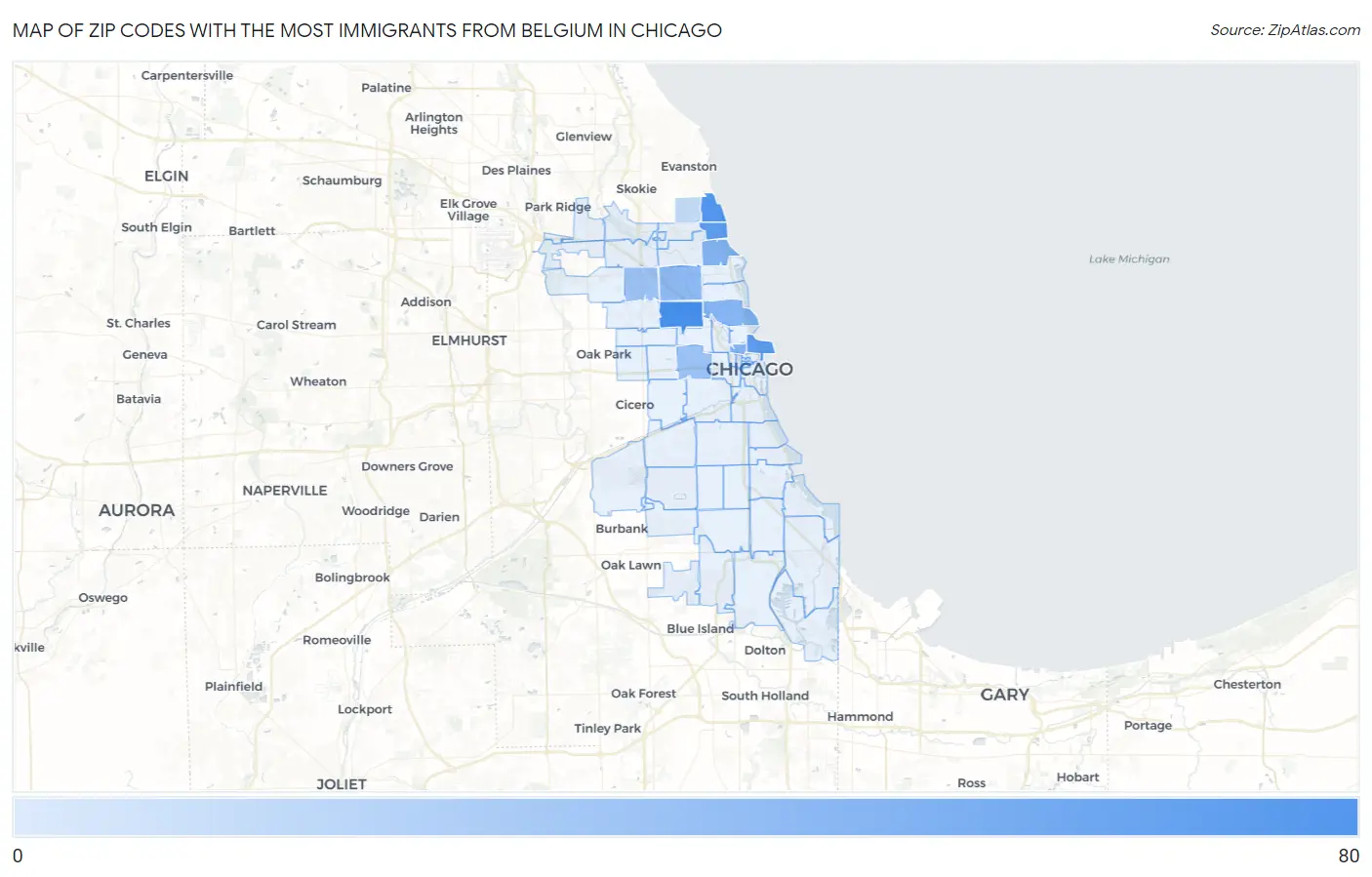 Zip Codes with the Most Immigrants from Belgium in Chicago Map