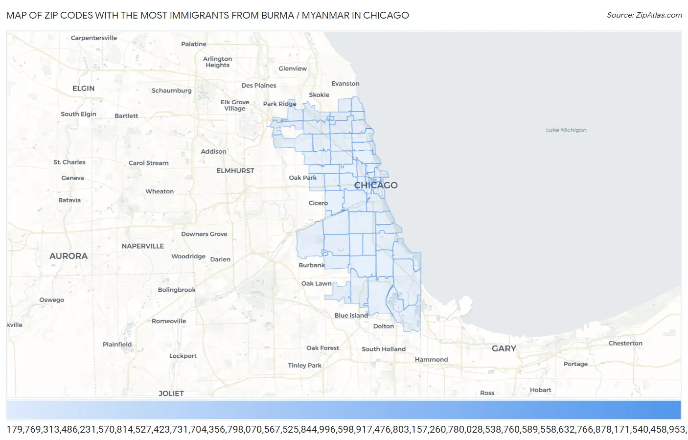 Zip Codes with the Most Immigrants from Burma / Myanmar in Chicago Map