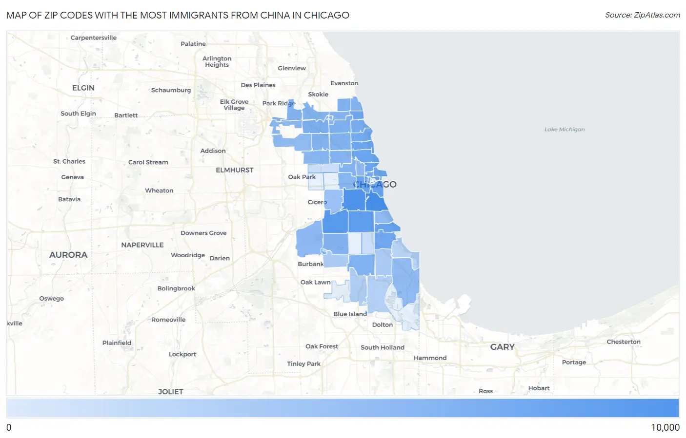 Zip Codes with the Most Immigrants from China in Chicago Map