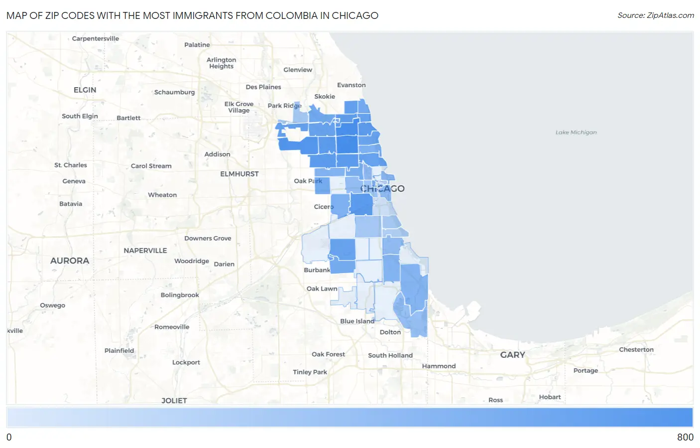 Zip Codes with the Most Immigrants from Colombia in Chicago Map