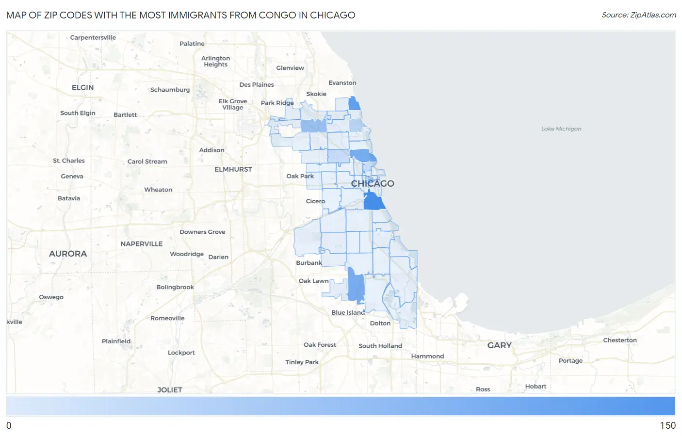 Zip Codes with the Most Immigrants from Congo in Chicago Map