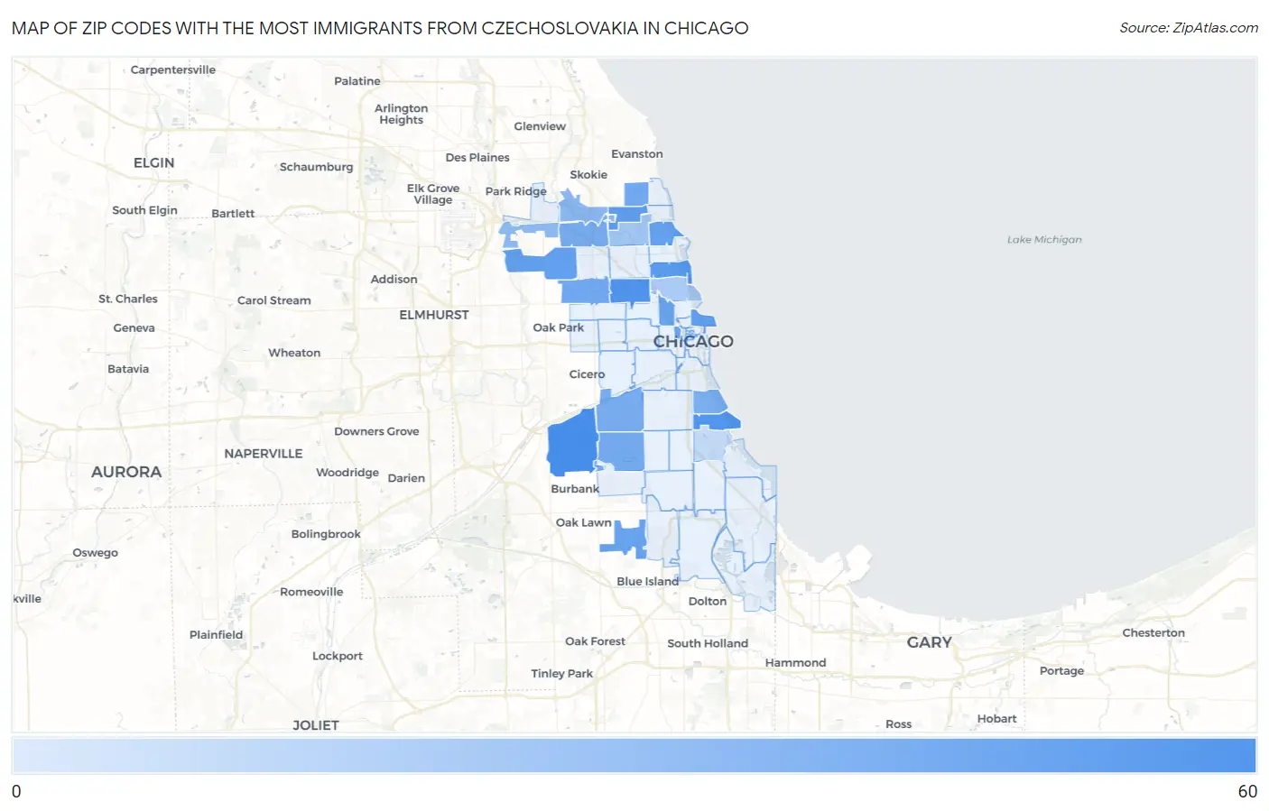 Zip Codes with the Most Immigrants from Czechoslovakia in Chicago Map