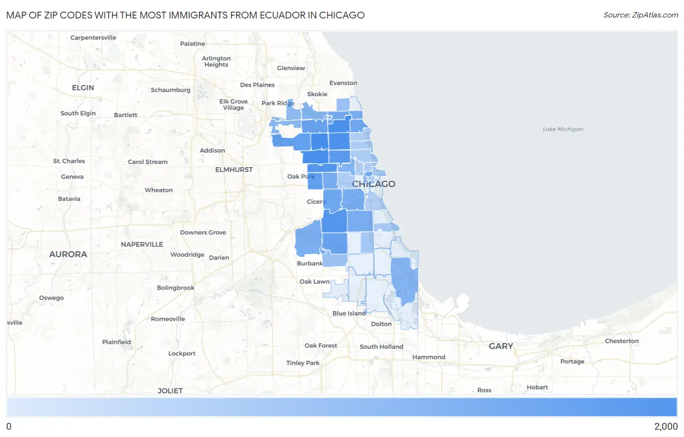 Zip Codes with the Most Immigrants from Ecuador in Chicago Map