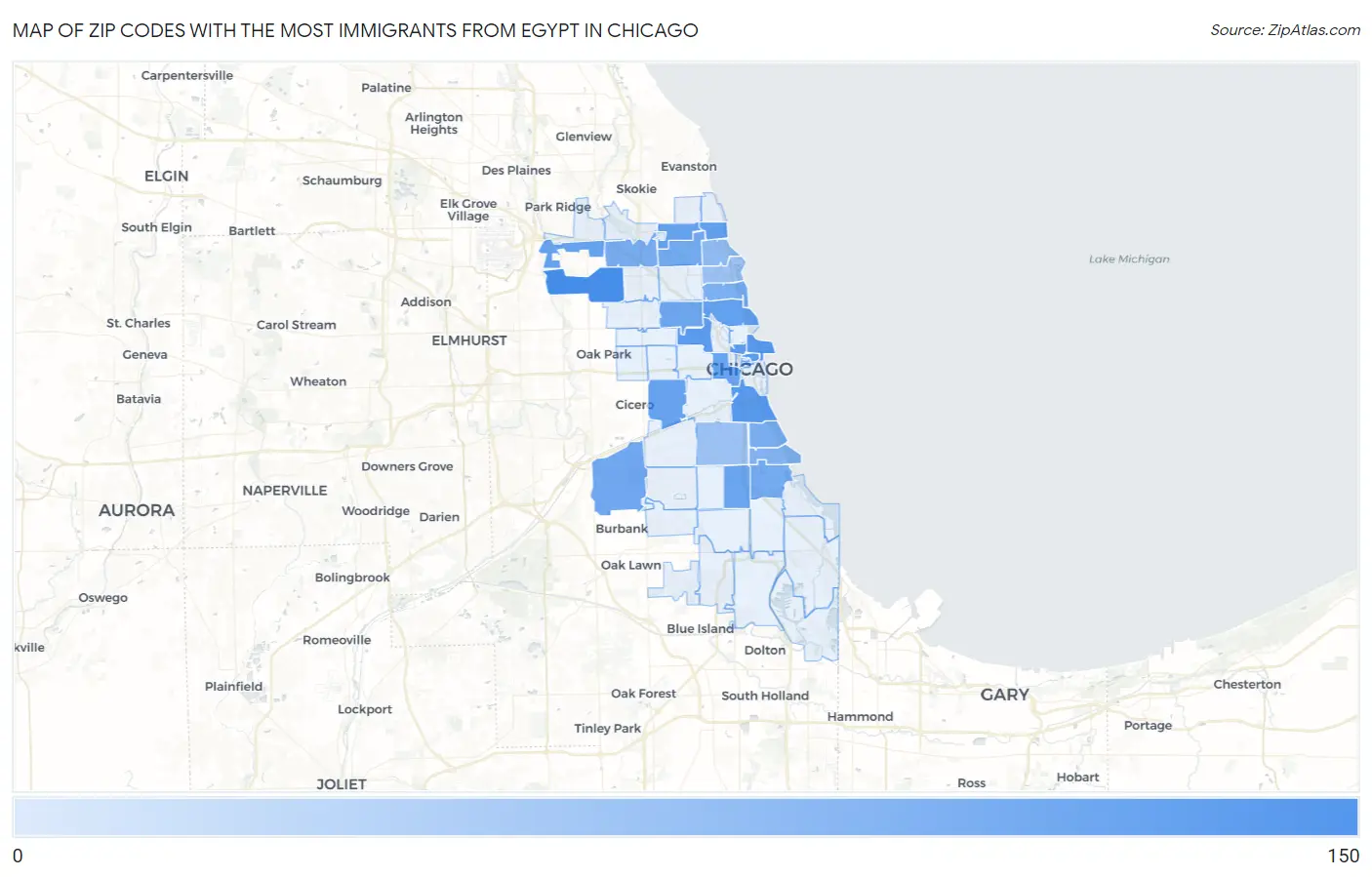 Zip Codes with the Most Immigrants from Egypt in Chicago Map