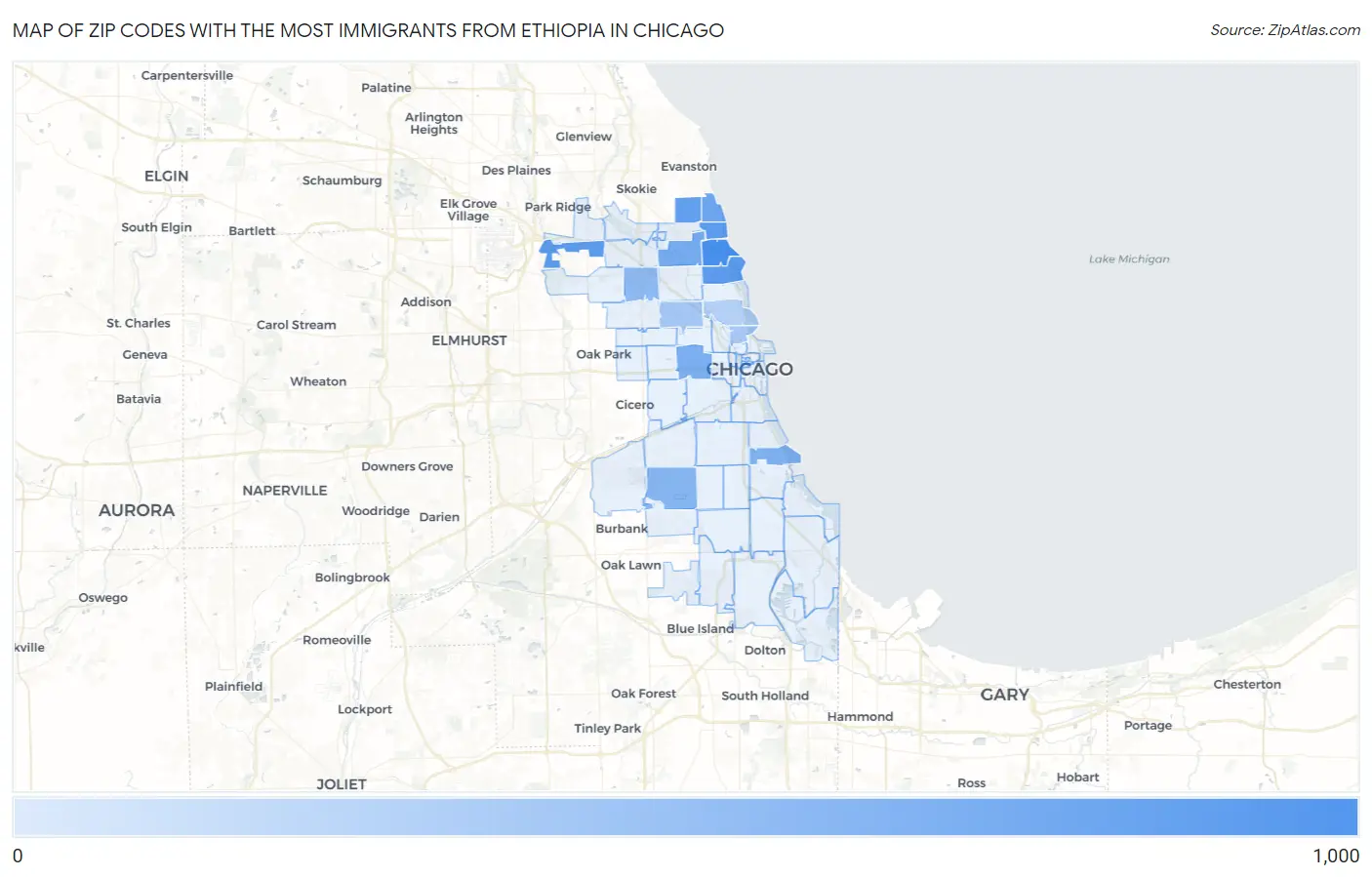 Zip Codes with the Most Immigrants from Ethiopia in Chicago Map