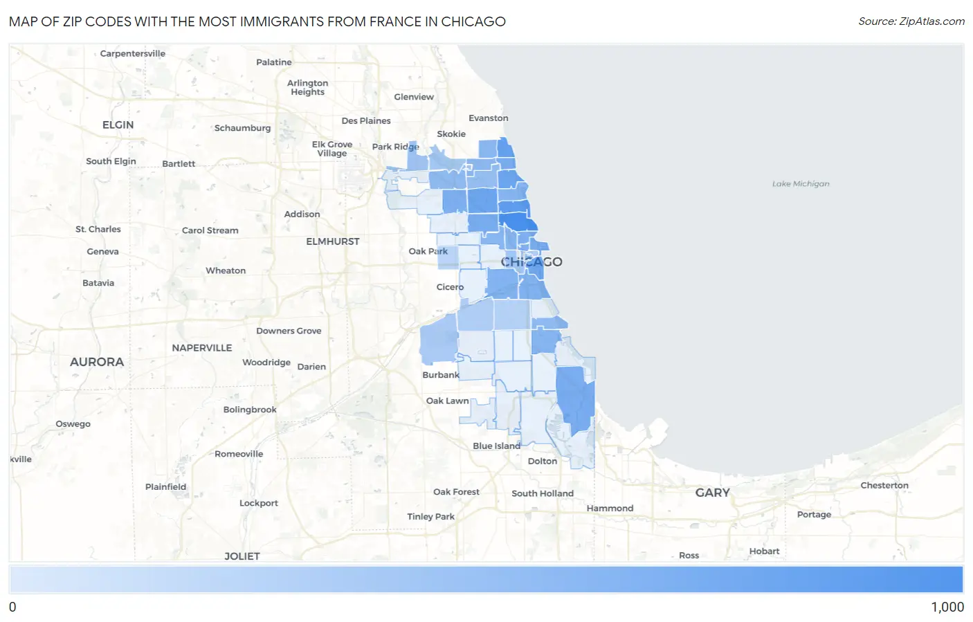 Zip Codes with the Most Immigrants from France in Chicago Map