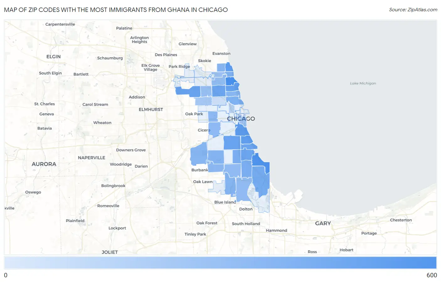 Zip Codes with the Most Immigrants from Ghana in Chicago Map