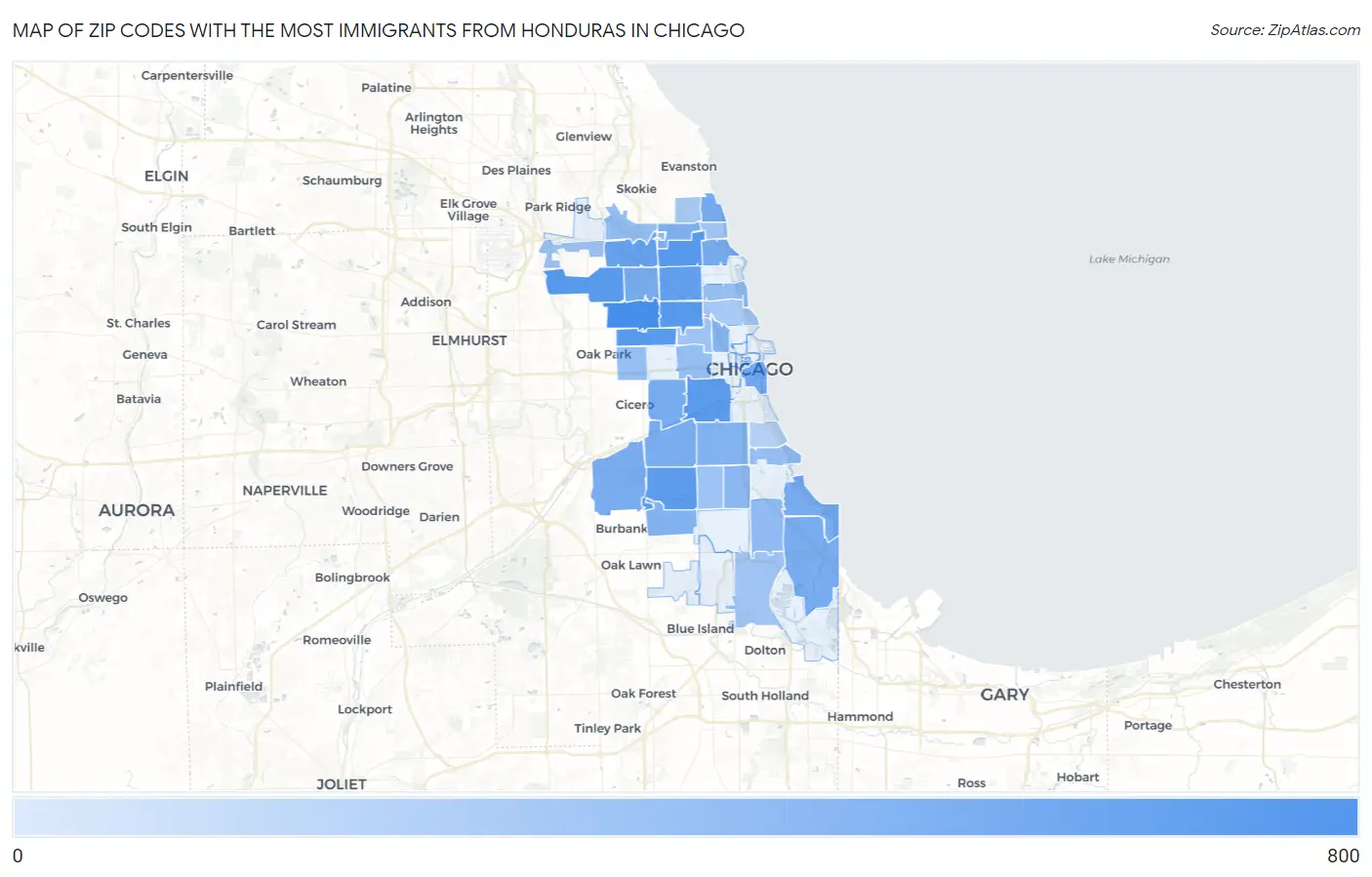 Zip Codes with the Most Immigrants from Honduras in Chicago Map