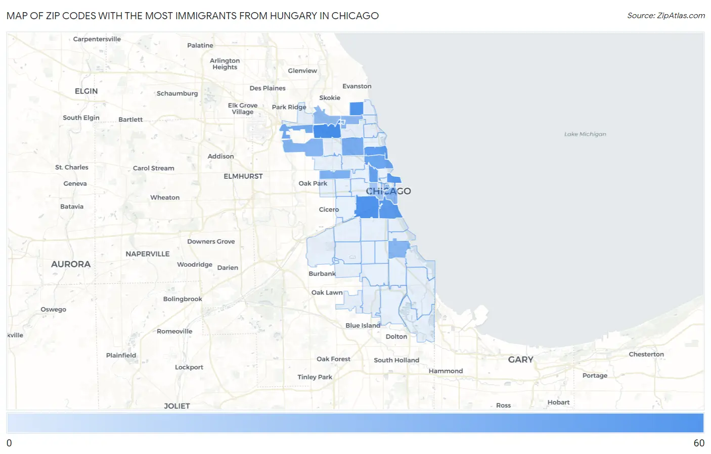 Zip Codes with the Most Immigrants from Hungary in Chicago Map