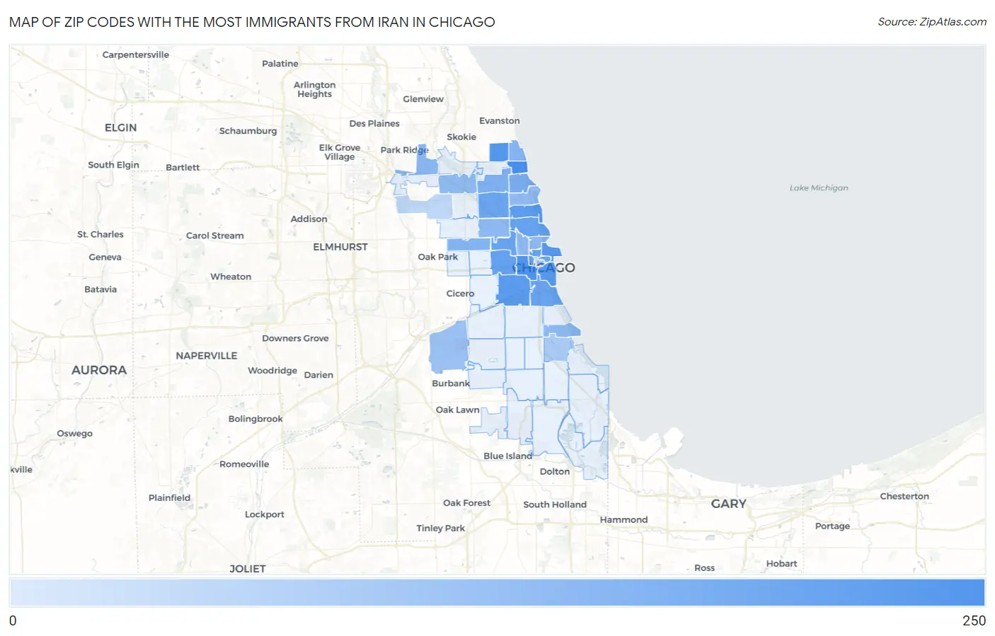 Zip Codes with the Most Immigrants from Iran in Chicago Map