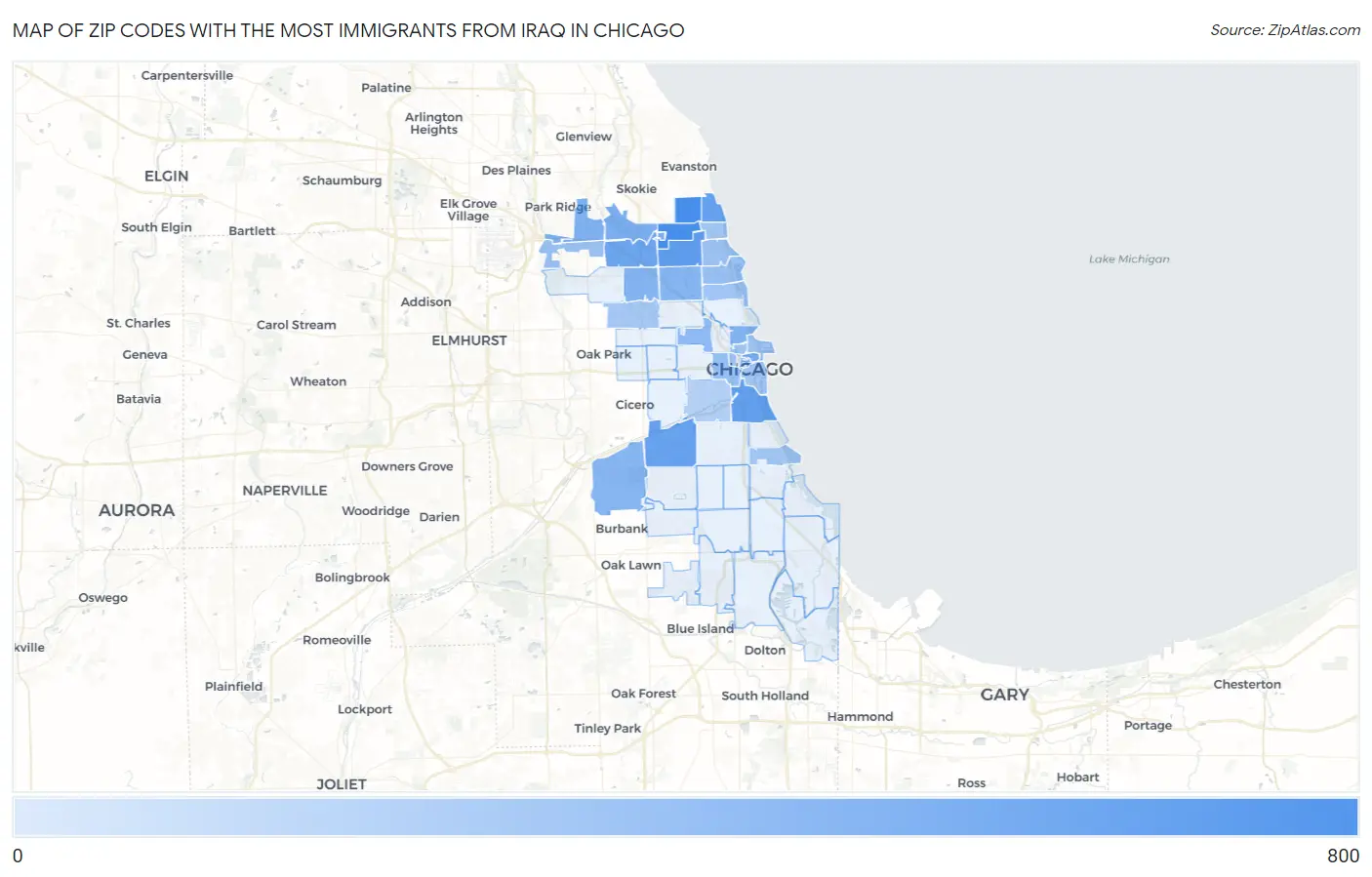 Zip Codes with the Most Immigrants from Iraq in Chicago Map