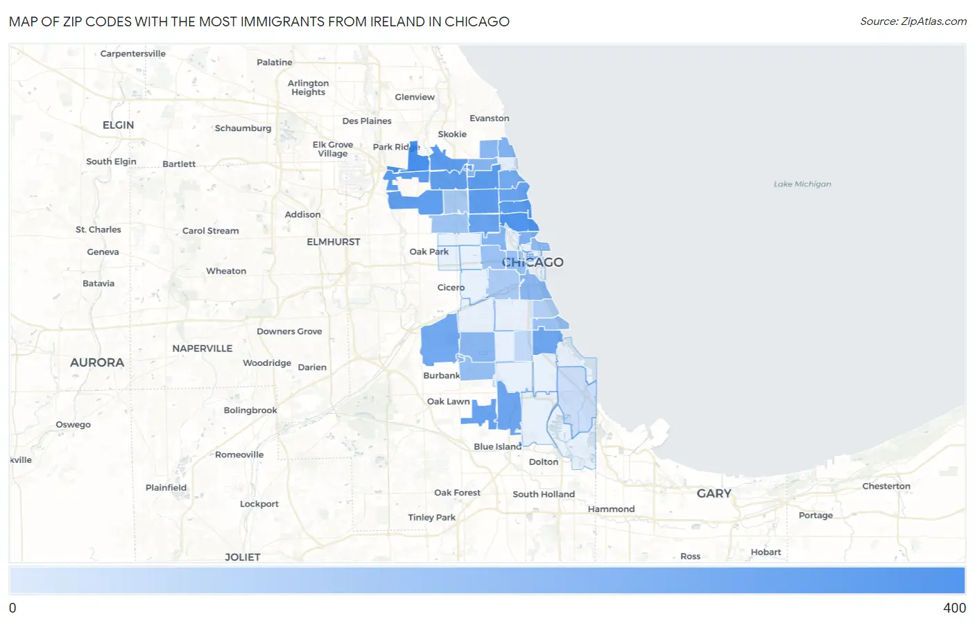 Zip Codes with the Most Immigrants from Ireland in Chicago Map