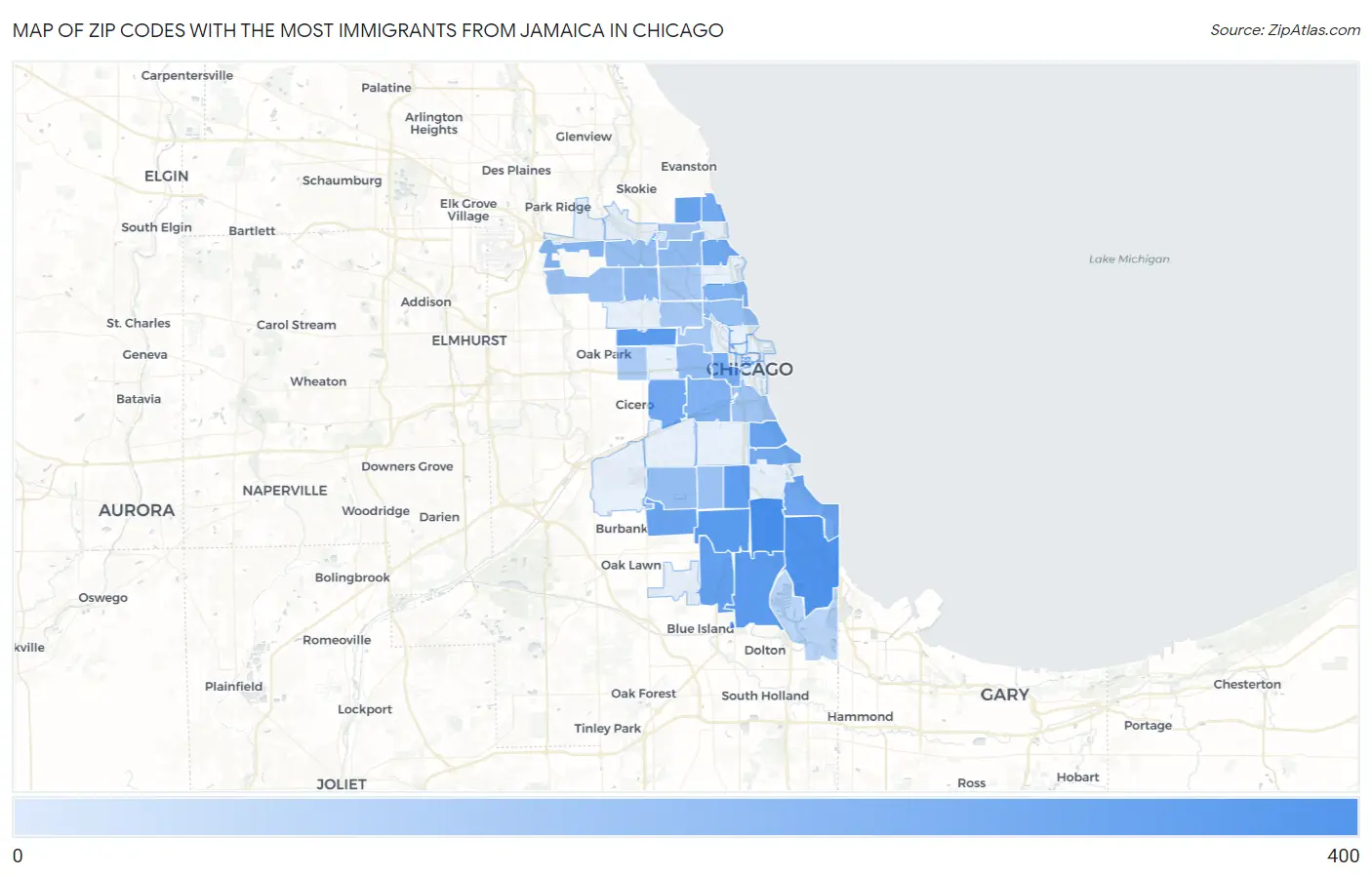 Zip Codes with the Most Immigrants from Jamaica in Chicago Map