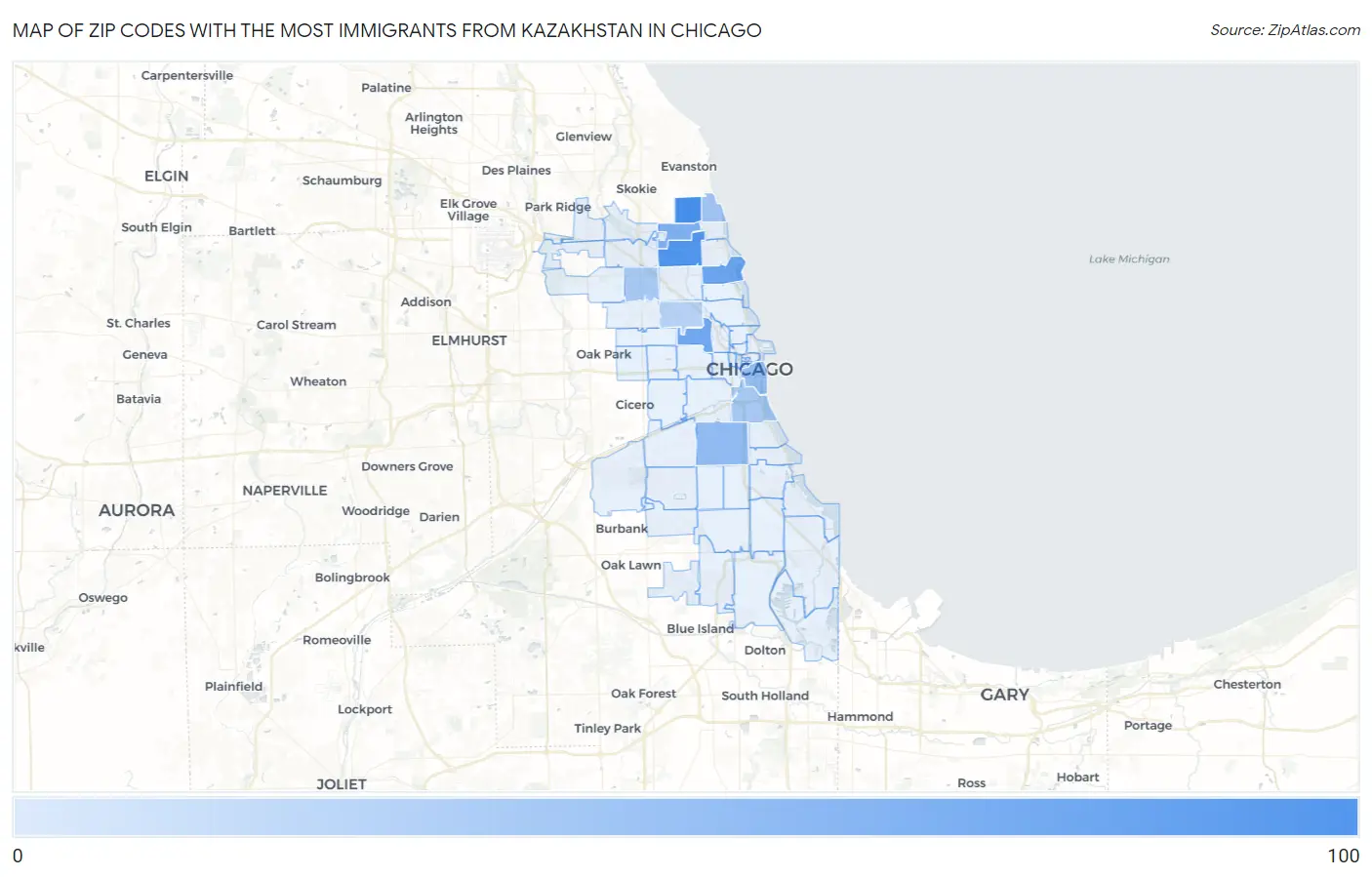 Zip Codes with the Most Immigrants from Kazakhstan in Chicago Map