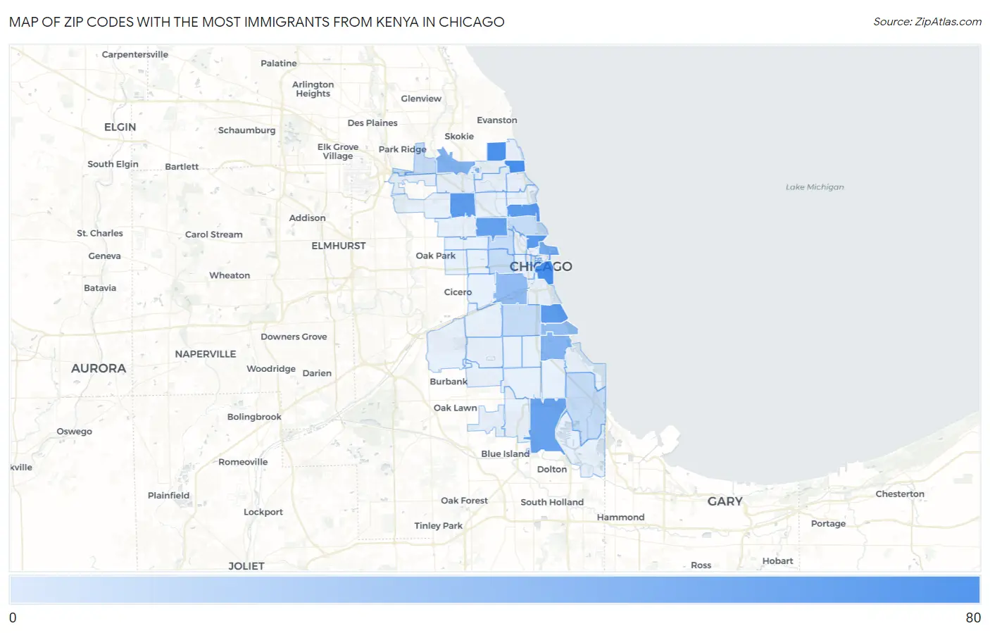 Zip Codes with the Most Immigrants from Kenya in Chicago Map