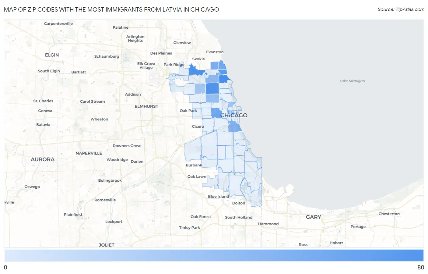 Zip Codes with the Most Immigrants from Latvia in Chicago Map