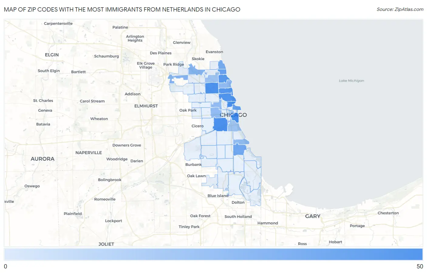 Zip Codes with the Most Immigrants from Netherlands in Chicago Map