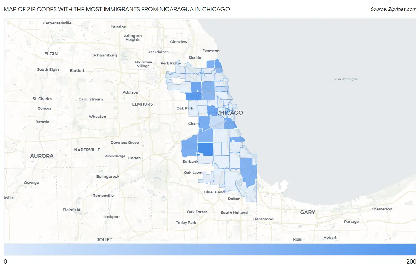 Zip Codes with the Most Immigrants from Nicaragua in Chicago Map