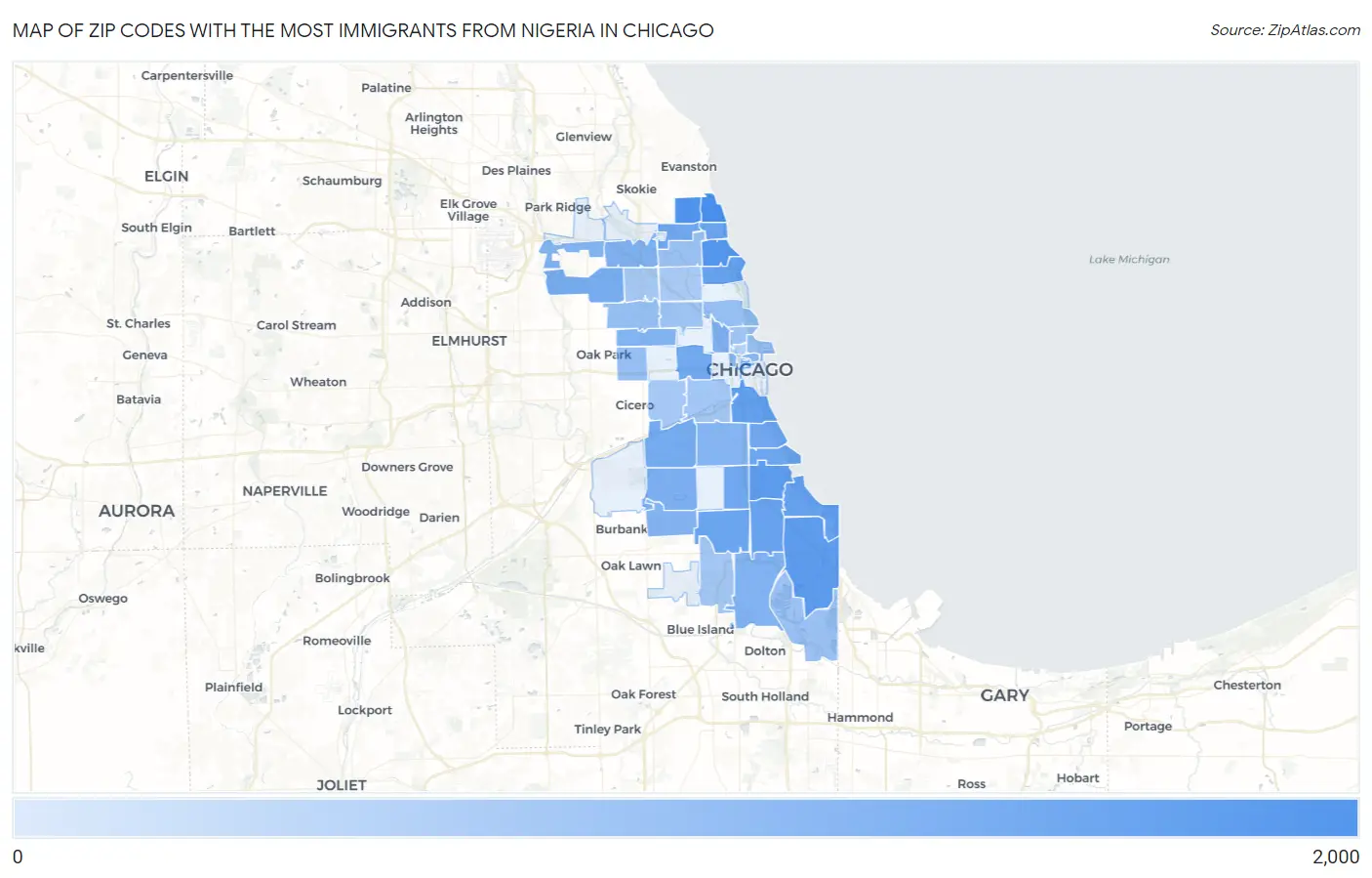 Zip Codes with the Most Immigrants from Nigeria in Chicago Map