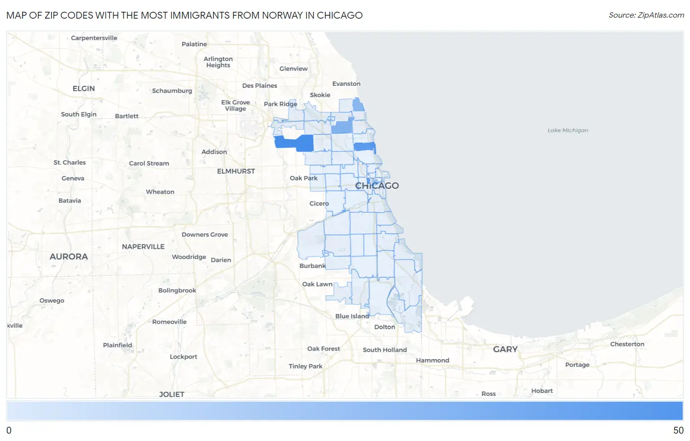 Zip Codes with the Most Immigrants from Norway in Chicago Map