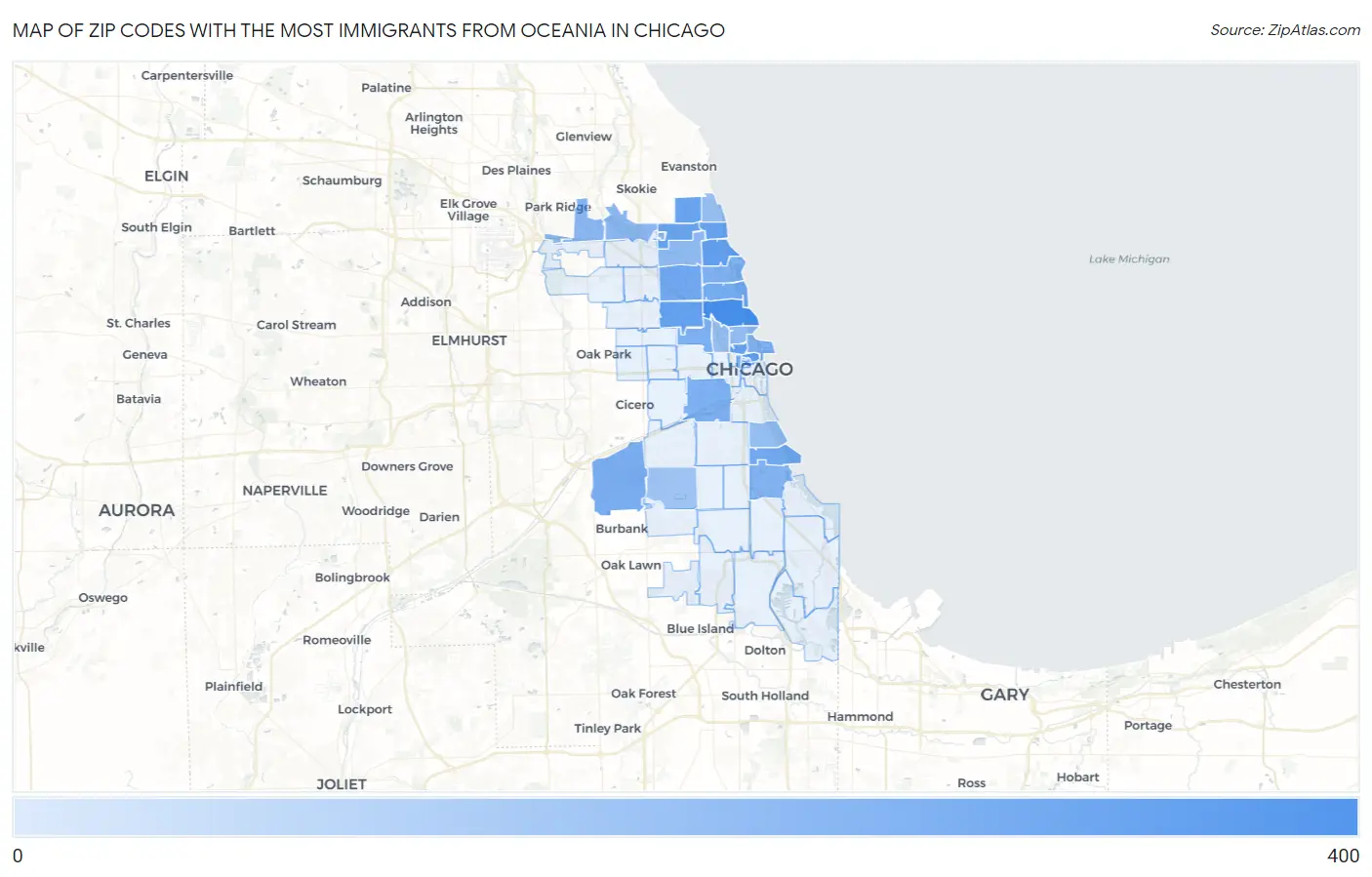 Zip Codes with the Most Immigrants from Oceania in Chicago Map