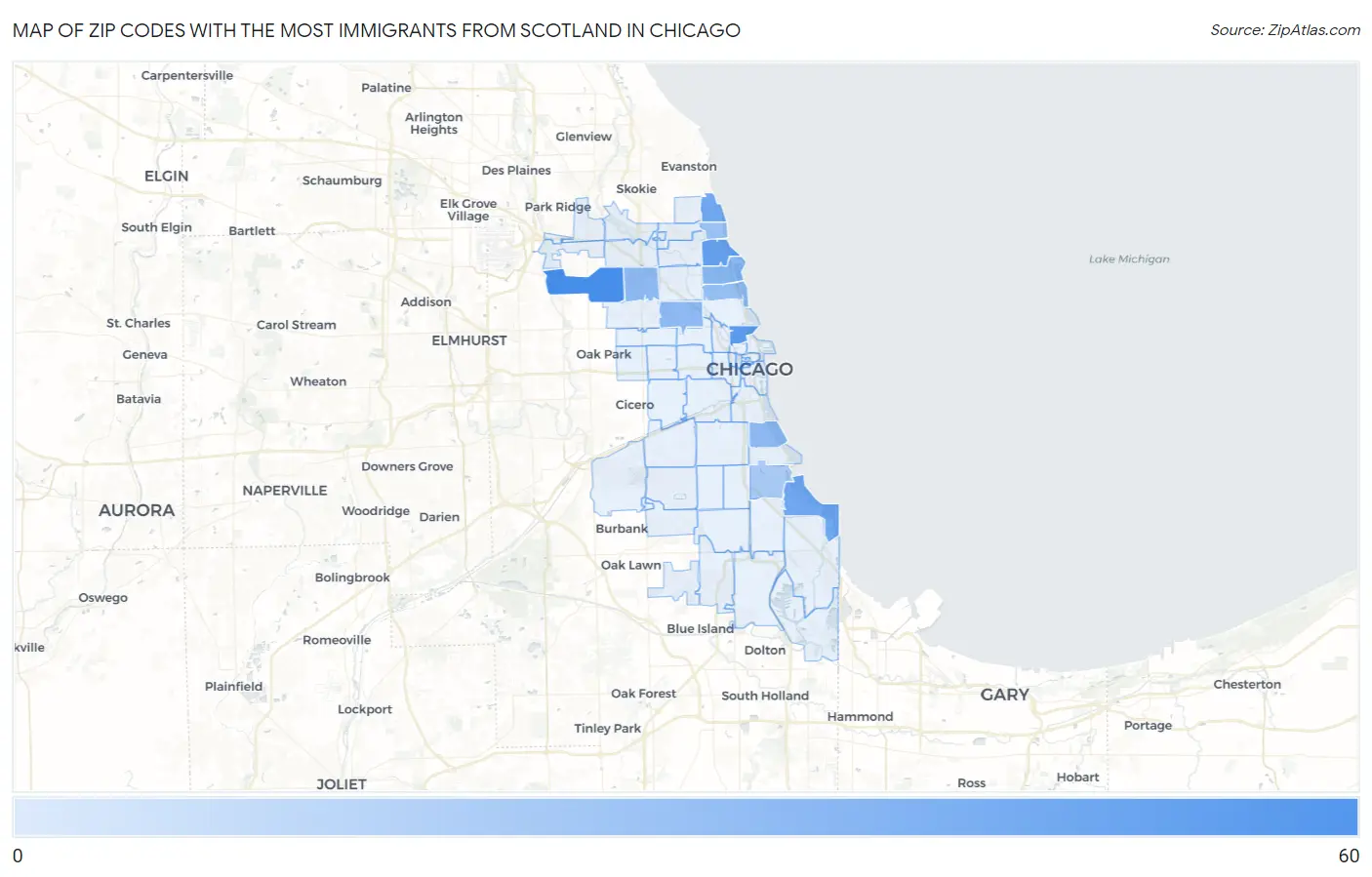 Zip Codes with the Most Immigrants from Scotland in Chicago Map