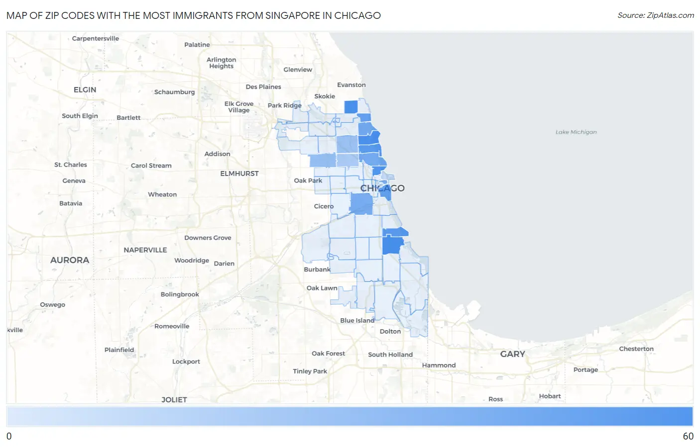 Zip Codes with the Most Immigrants from Singapore in Chicago Map