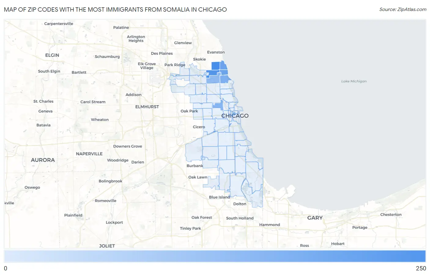 Zip Codes with the Most Immigrants from Somalia in Chicago Map