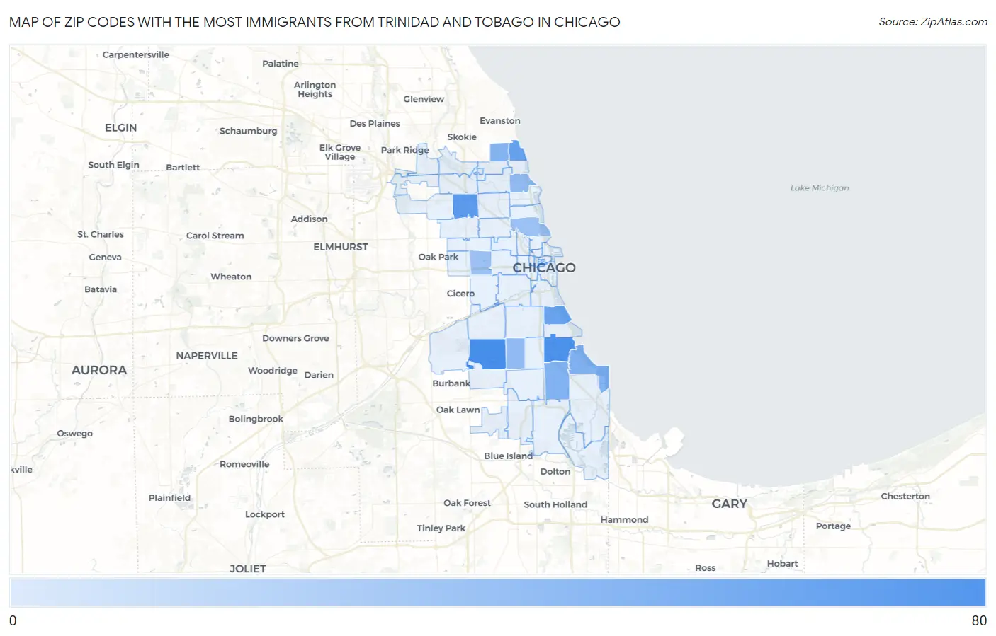 Zip Codes with the Most Immigrants from Trinidad and Tobago in Chicago Map