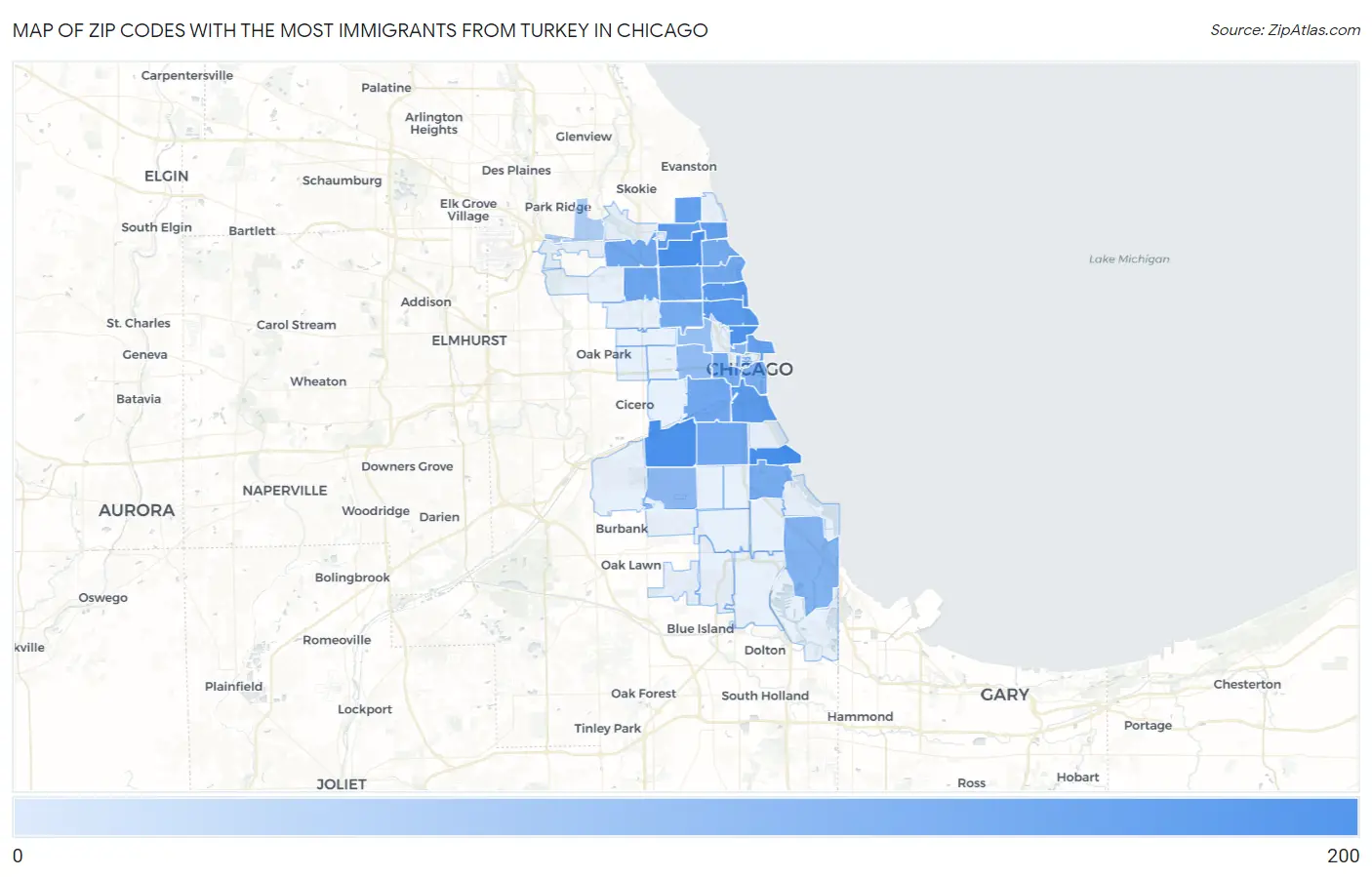 Zip Codes with the Most Immigrants from Turkey in Chicago Map