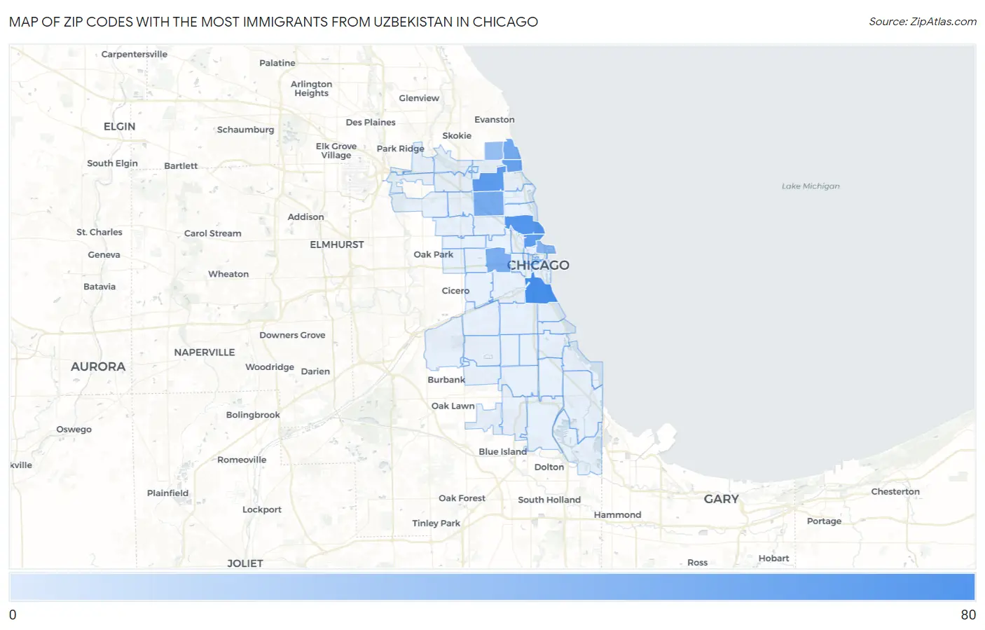 Zip Codes with the Most Immigrants from Uzbekistan in Chicago Map