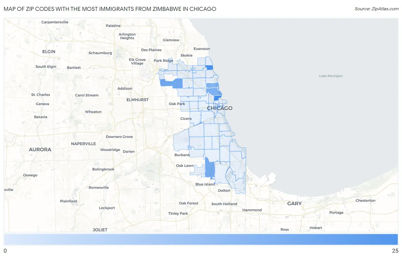 Zip Codes with the Most Immigrants from Zimbabwe in Chicago Map