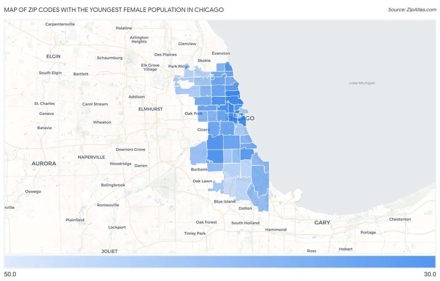 Zip Codes with the Youngest Female Population in Chicago Map