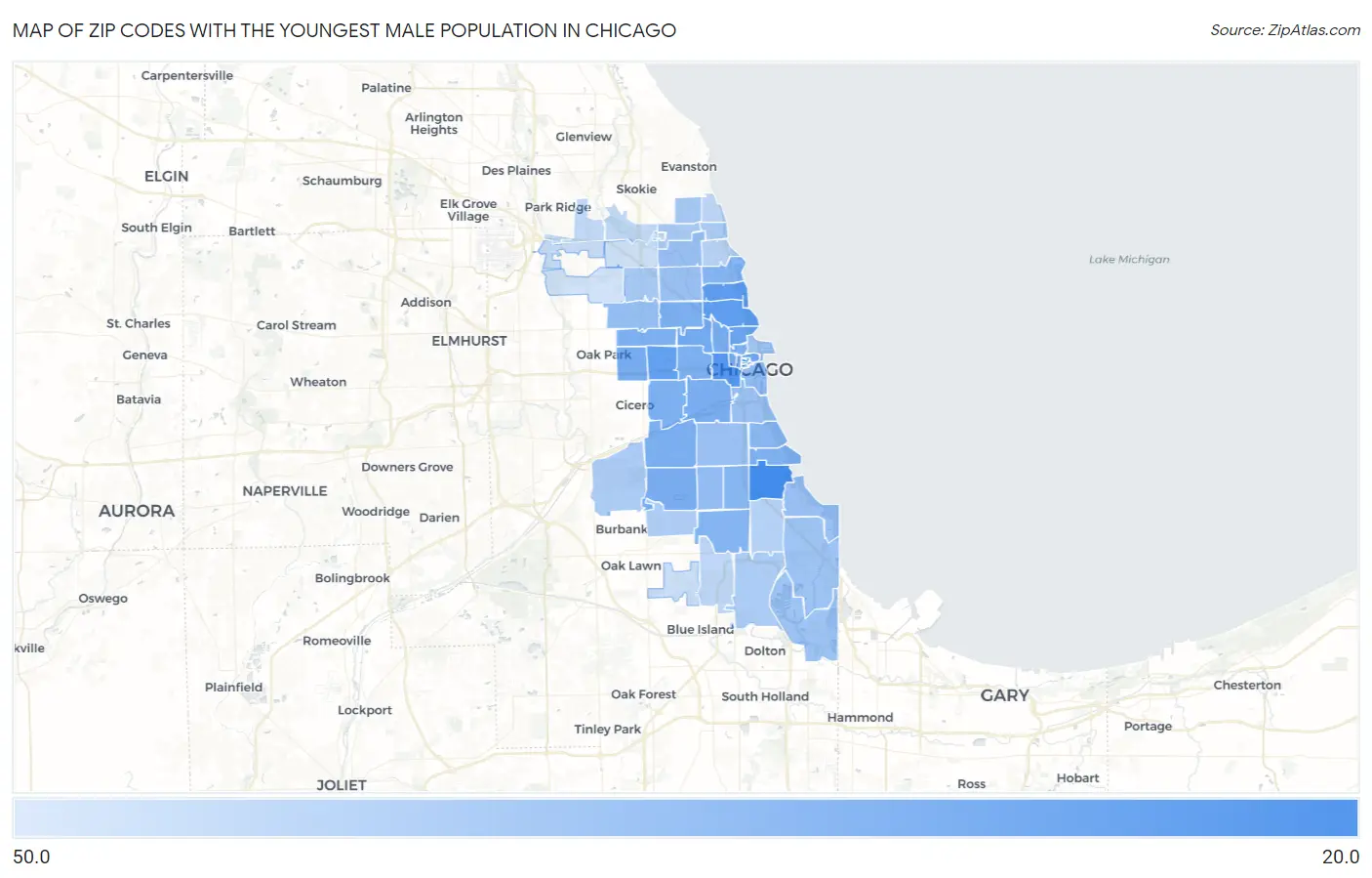 Zip Codes with the Youngest Male Population in Chicago Map