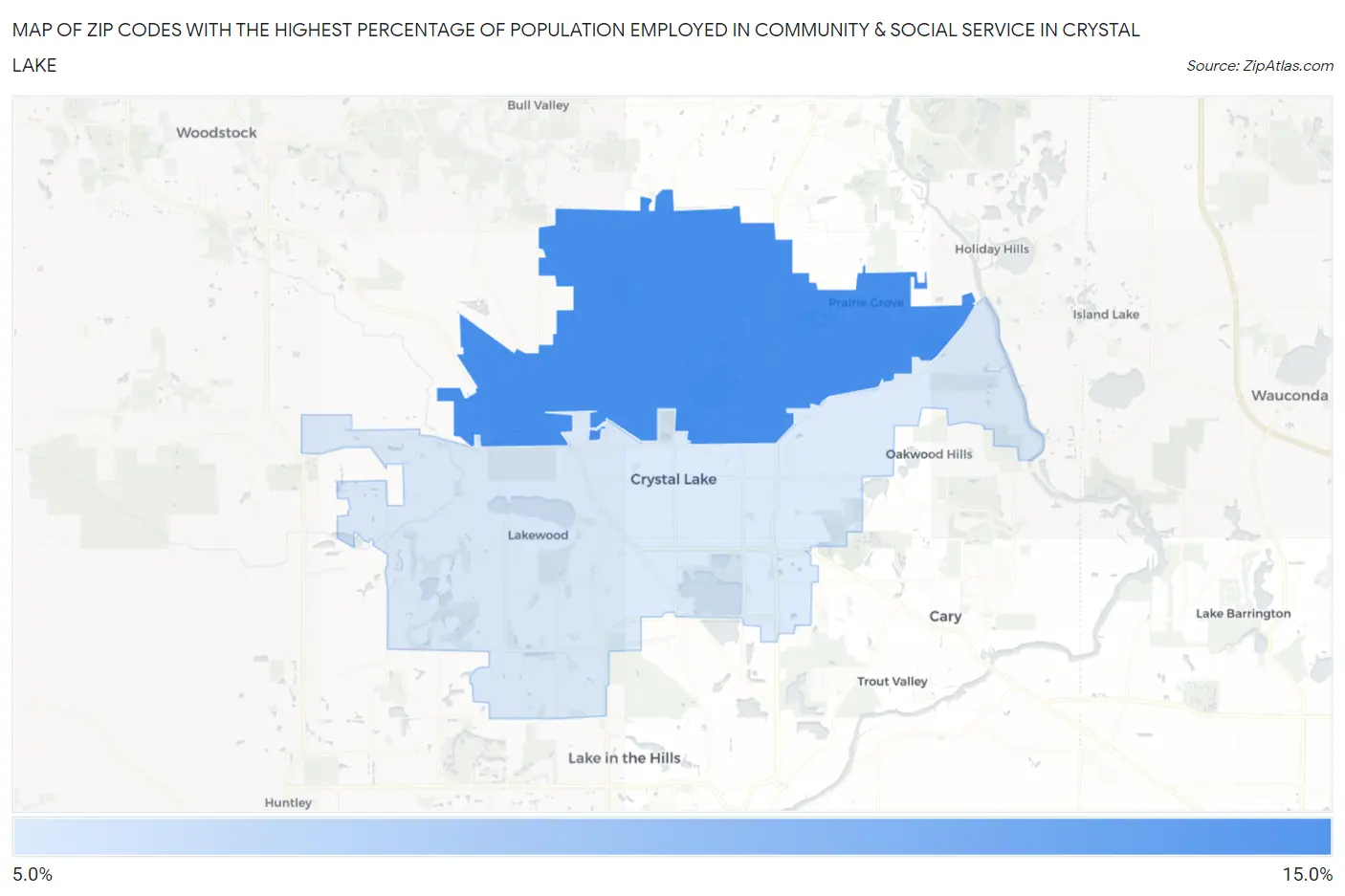 Zip Codes with the Highest Percentage of Population Employed in Community & Social Service  in Crystal Lake Map