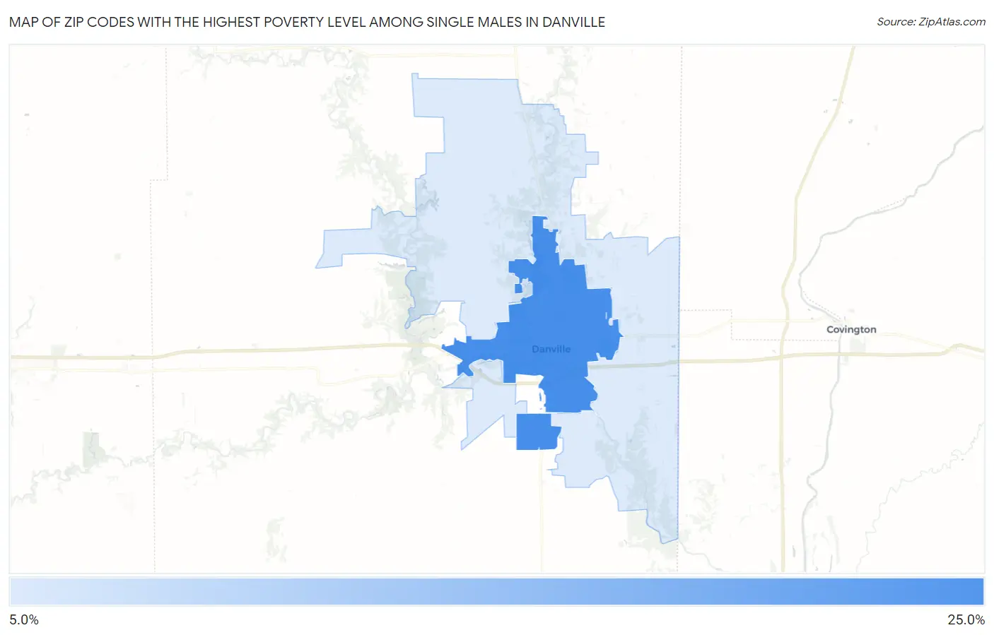 Zip Codes with the Highest Poverty Level Among Single Males in Danville Map