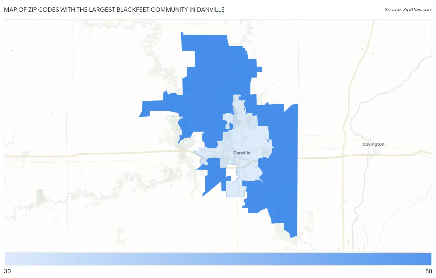 Zip Codes with the Largest Blackfeet Community in Danville Map